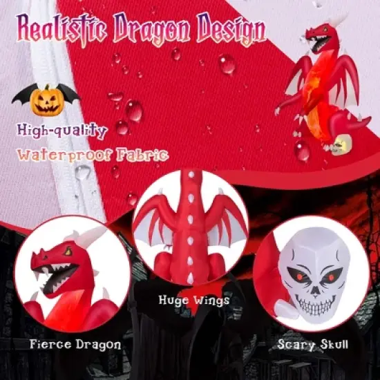 Costway 8 FT Halloween Inflatable Red Dragon with Wings & Skull Holiday Decoration Light image {5}