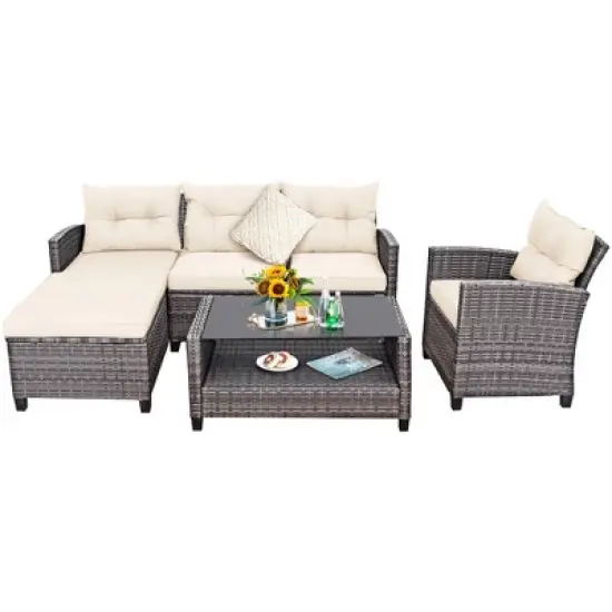 Costway 4PCS Patio Rattan Furniture Set Sofa Ottoman Cushion Garden Deck White/Gray image {9}