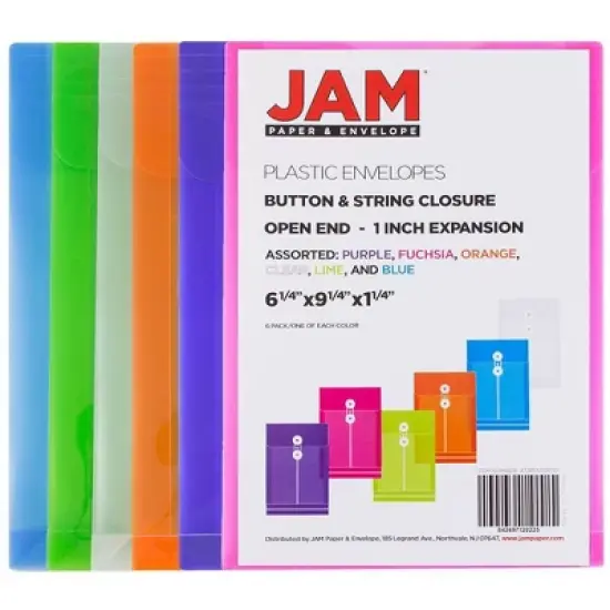 JAM Paper 6 1/4" x 9 1/4" 6pk Plastic Envelopes with Button and String Tie Closure, Open End: Document Storage Accessory image {1}
