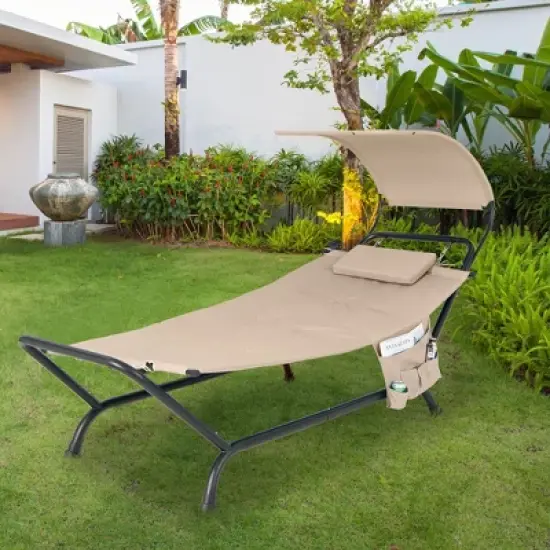 Costway Patio Hanging Chaise Lounge Chair with Canopy, Cushion, Pillow & Storage Bag Blue/Beige/Brown image {10}