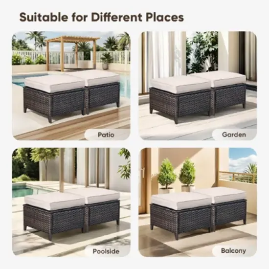 Buenhomino Patio Wicker Ottomans Set of 2, Multipurpose Outdoor Ottomans for Patio, Additional Seating, Footrest, Side Table, Removable Cushions image {7}