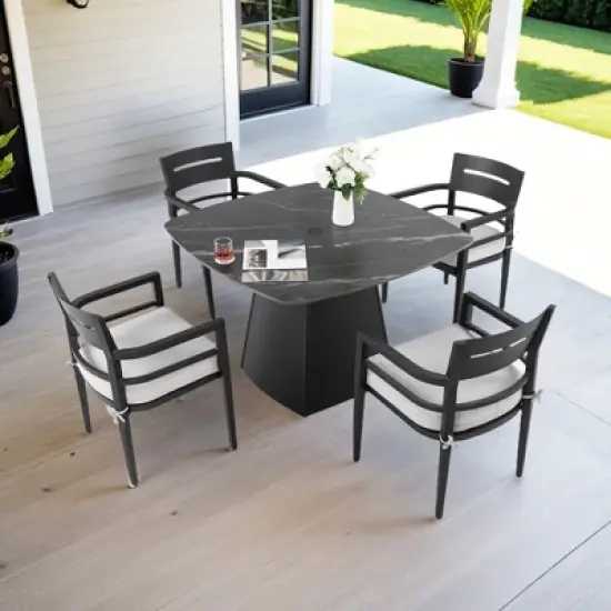 UNISOAR 5-Piece Outdoor Pedestal Dining Set, 1* Black Sintered StoneTop & 4 Chair, Rust-Free Aluminum, Weather-Resistant, for Patio or Deck image {7}