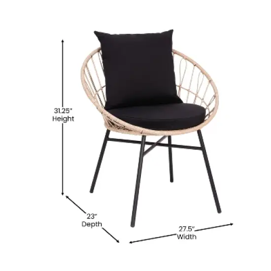 Flash Furniture Devon 3-Piece Indoor/Outdoor Bistro Set, Papasan Style Rattan Rope Chairs, Glass Top Side Table & Cushions image {9}