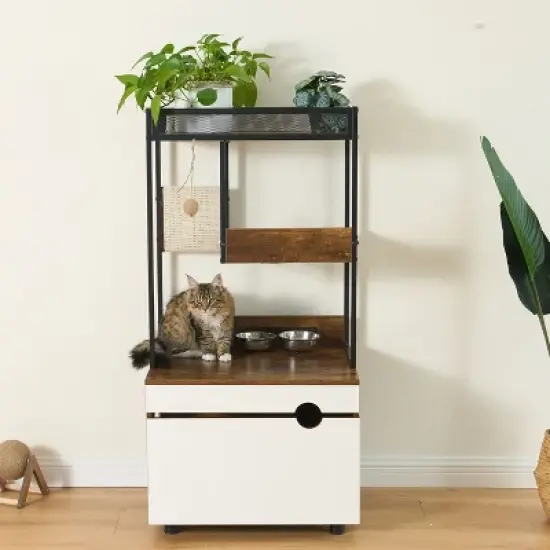 Lirago White Vintage Cat Litter Box Enclosure with Tower-48"H Pet Furniture 23.6x18.9 image {1}