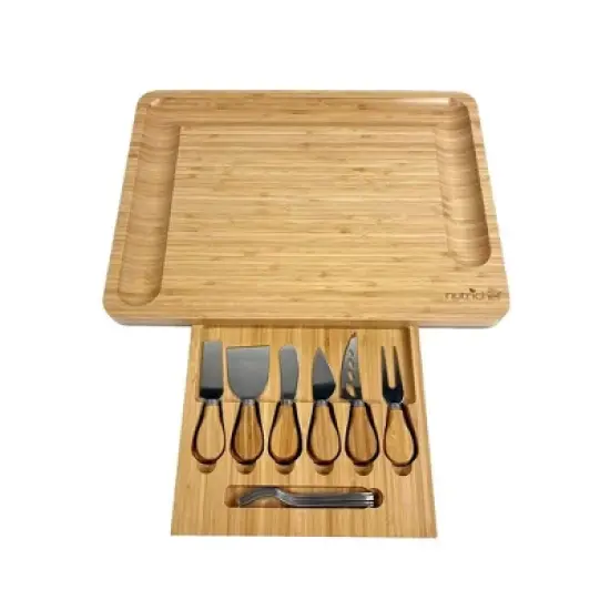NutriChef Bamboo Cheese Board Set with Integrated Slicer & Stainless Steel Utensils -Rustic Design image {7}