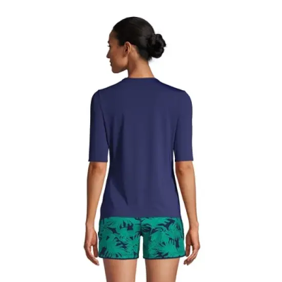 Lands' End Women's Crew Neck Elbow Sleeve Rash Guard UPF 50 Sun Protection Modest Swim Tee image {1}