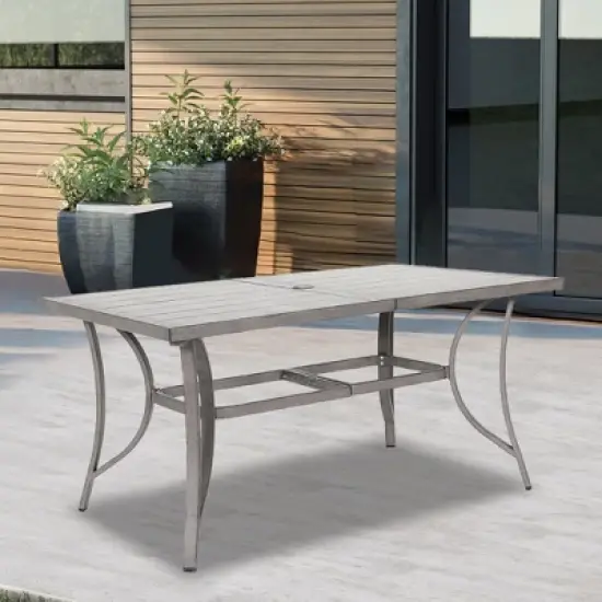 COWLOW Patio Dining Table for 6, Large Rectangle Aluminum Slat Table with Umbrella Hole, All-Weather Outdoor Dining for Lawn, Garden, Poolside image {2}