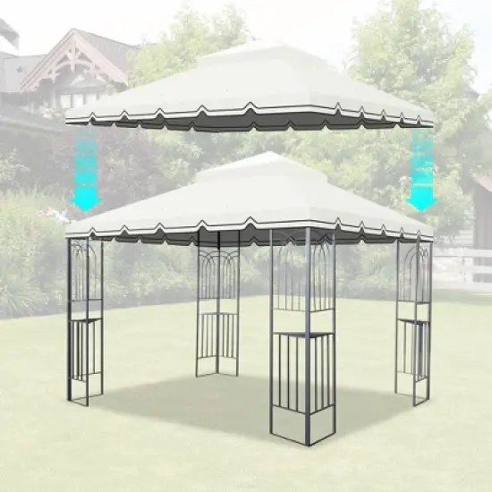 Gulches 10x10 Ft Outdoor Patio Gazebo Replacement Canopy - Double Tiered Roof Top Cover Only (Frame Not Included) - Great Wall Border Design, Beige image {4}