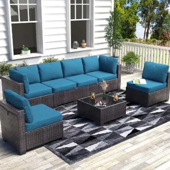 Patio Funiture Set 7 Pieces Outdoor Rattan with Detachable Soft Cushions Patio Conversation Sets Waterproof Patio Sectional Sofa with Glass Top Table image {11}