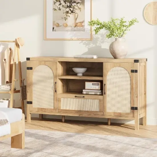 Jojoka Rattan Sideboard Buffet Cabinet,Farmhouse Kitchen Storage Cabinet,Boho Buffet Table Wooden Coffee Bar Cabinet,Brown image {3}