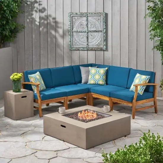 GDFStudio Biella Outdoor Acacia Wood 5 Seater Sectional Sofa Set with Fire Pit image {12}