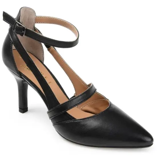 Journee Signature Womens Genuine Leather Vallerie Buckle Mid Heel Almond Toe Pumps image {9}