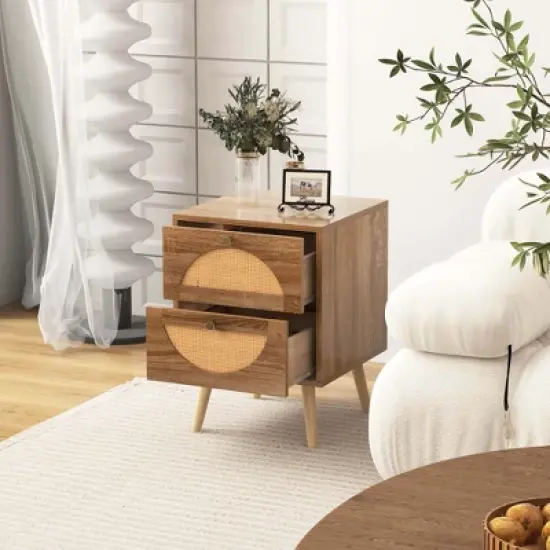 Costway 2Pcs Rattan Nightstand with 2 Drawers Solid Wood Legs Compact Wood Coffee Table image {4}