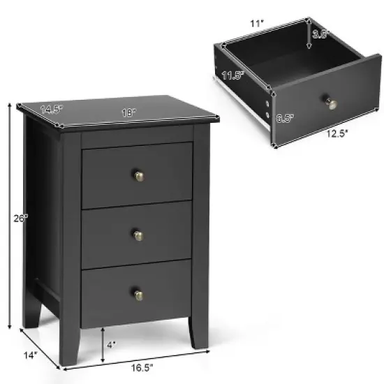 Costway Nightstand End Beside Sofa Table Cabinet w/ 3 Drawers Bedroom Furniture Black image {1}