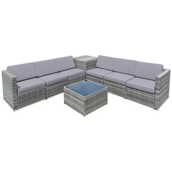 Tangkula Set of 8 Gray Rattan Wicker Sofa & Table Outdoor Cushioned Sectional Patio Furniture image {1}