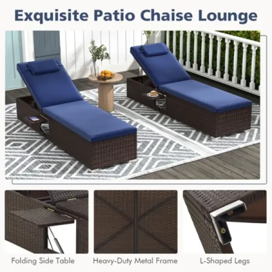 Costway 1/2 PCS Patio Chaise Lounge with 6-level Backrest Comfy Seat Cushion & Headrest Backyard Navy image {5}