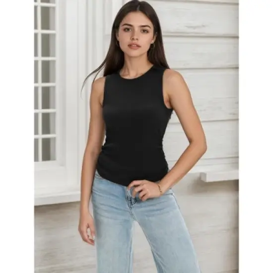 ATHLECHIC Women's Summer Ruched Ribbed Crew Neck Sleeveless Tank Tops image {1}