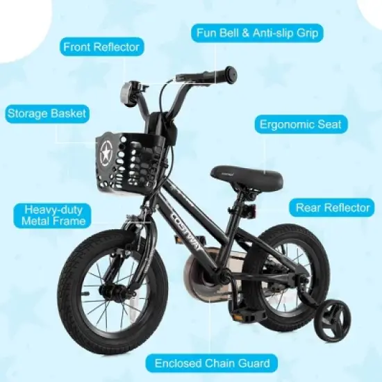 Costway 12"/14"/16"/18" Kid&rsquo;s Bike with Training Wheels Adjustable Handlebar & Seat Handbrake Black/Pink/Silver image {9}