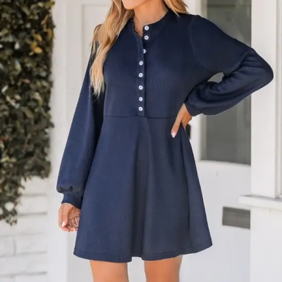 Women's Navy Blue Half-Placket Mini Dress - Cupshe image {2}