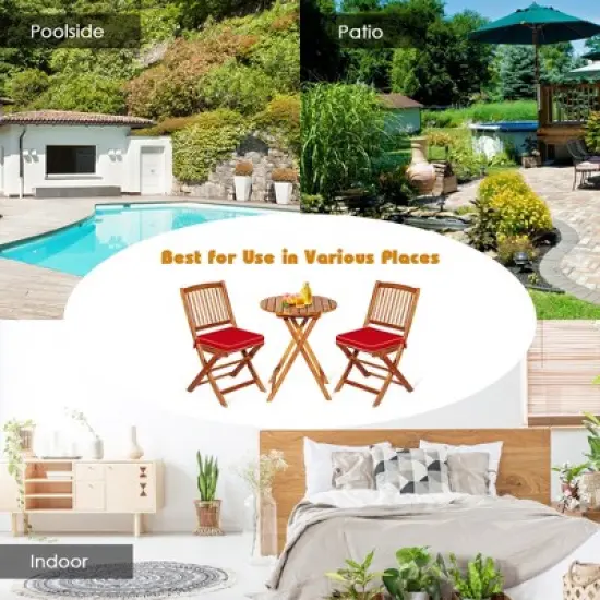 Tangkula 3PCS Folding Acacia Wood Bistro Set Patio Conversation Set w/ Red Cushions image {4}