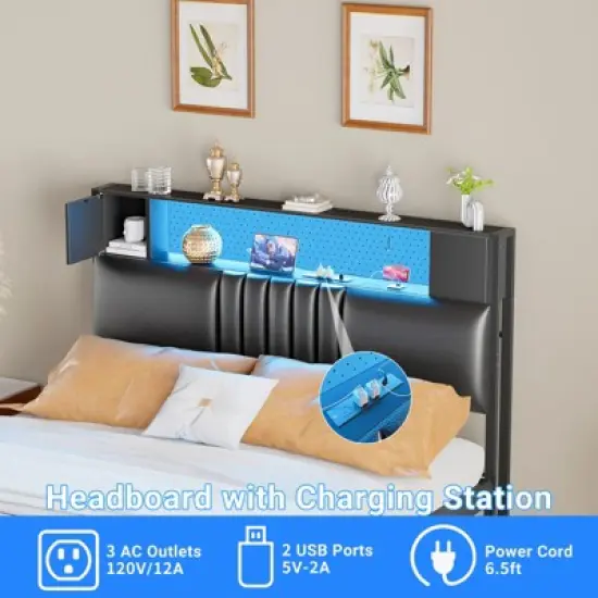 Aheaplus Upholstered Headboard with Storage Shelf and Small Cabinet, Headboard Power Outlet and LED Light image {6}