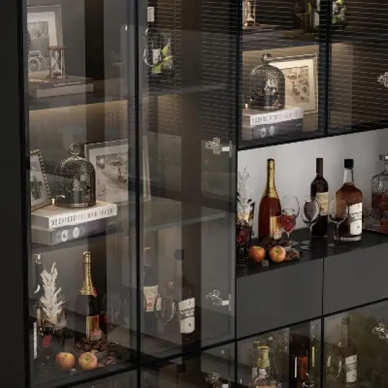 Famapy Black 78.7"W Large Combo Storage Cabinet Spacious Pantry With Light Modular Display Cabinet image {3}