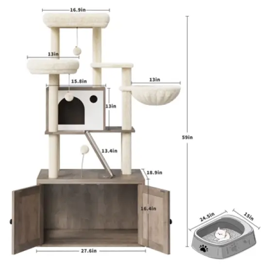 COZONY Cat Tree with Litter Box Enclosure, Hidden Cat Washroom Furniture with Condo, Large Platform, Sisal Scratching Posts & Removable Cushion image {2}