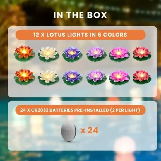 HOM Floating Lotus Light - Waterproof Lotus Flower Lamp for Pools & Ponds - Colorful Battery-Operated LED Pool Lights (12-pack) image {4}