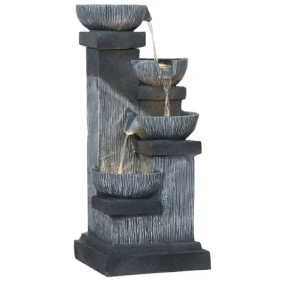 Outsunny 33.5" Outdoor Water Fountain, 4-Tier Floor Standing Resin Cascading Bowls Waterfall Fountain with LED Lights, Pump image {6}