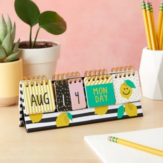 Paper Junkie Lemon Perpetual Flip Calendar for Office Desktop, Classroom Supplies, Desk Calendar with Day, Date, Month Display for Home Decor, 8x3.5" image {2}