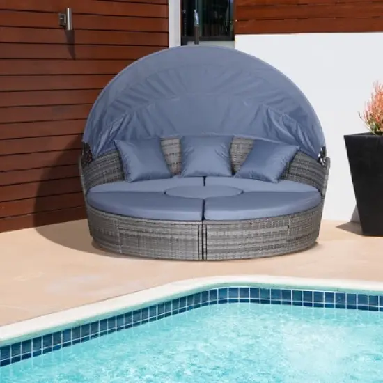 Outsunny 4-piece Cushioned Outdoor Rattan Wicker Round Sunbed or Conversational Sofa Set with Sun Canopy image {2}