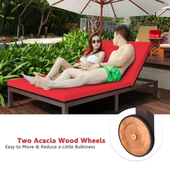 Tangkula Adjustable Patio Rattan 2 Person Recliner Lounge Chair w/ Red Cushion Wheel image {6}