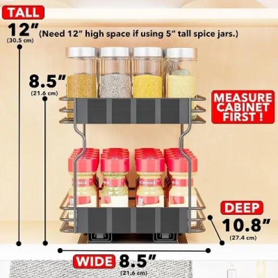 Pull Out Spice Rack Organizer(no jars included) for Cabinet,with Labels,8.5" W x10.75 D x8.5 H, 1 Drawer 2-Tier image {2}