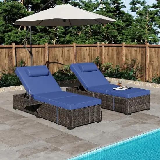 Lounge Chair Outdoor, PE Rattan Wicker Pool Lounge Chairs Set of 2 with Adjustable Backrest, Cushion, Cup Holder, for Poolside, Deck, Gray-Beige image {9}