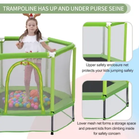 NAYSAYE Trampoline 55 Inch Toddlers with Safety Net and Balls for Indoor and Outdoor Fun, Green, 55.00"*55.00"*43.00" image {2}