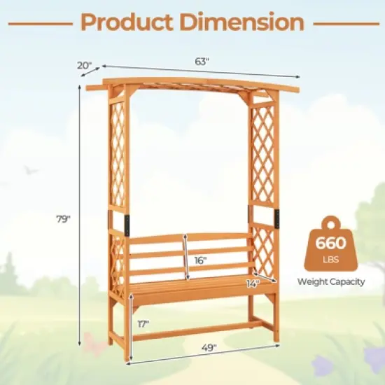 Tangkula Patio Arbor Garden Archway w/ Pergola Bench & Side Trellises for Climbing Plants Vines Grapes 2-Seat Wooden Outdoor Bench Backyard Decoration image {8}