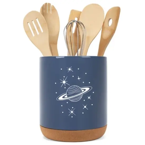 Elanze Designs 8 inch Galactic Stars and Planet Large Ceramic Kitchen Utensil Holder Navy Blue and White Crock with Cork Base image {5}