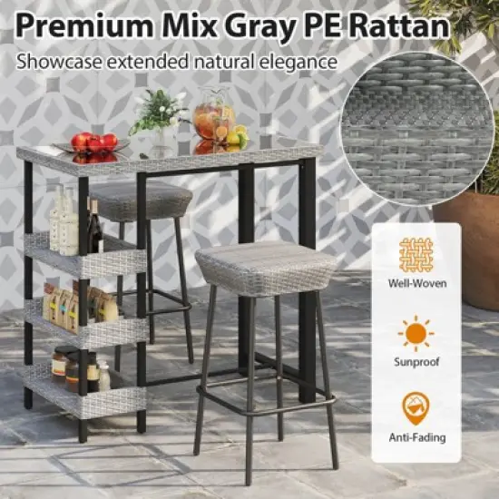 Costway 43.5" Outdoor Bar Table with Tempered Glass Top & 3 Rattan Shelves Storage image {5}