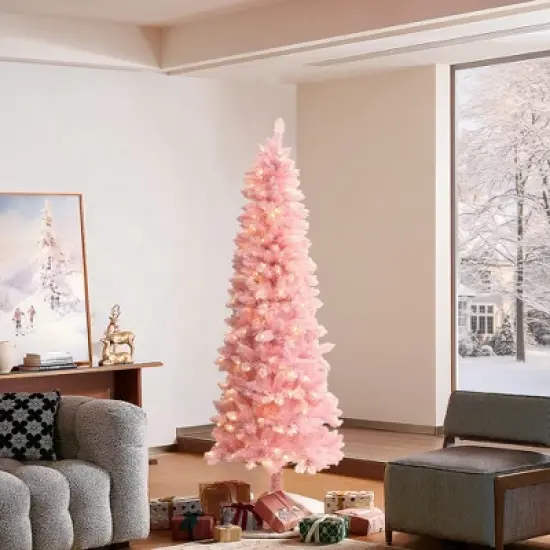 LuxenHome 6Ft Pink Pencil Artificial Tree with Warm White Lights and 8 Light Functions image {5}
