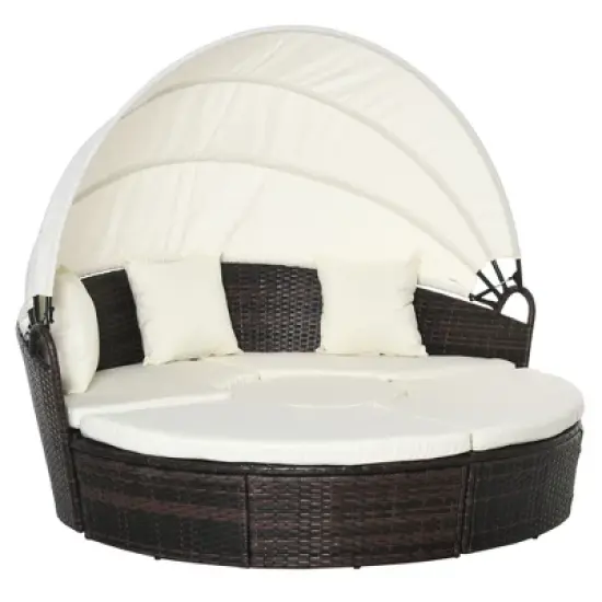 Outsunny 4-piece Cushioned Outdoor Rattan Wicker Round Sunbed or Conversational Sofa Set with Sun Canopy image {8}
