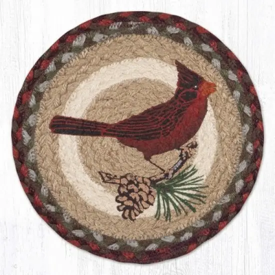 Earth Rugs Cardinal Pinecone Round Trivet &ndash; 10" Red Bird & Pine Print on Braided Natural Jute Table Mat image {3}
