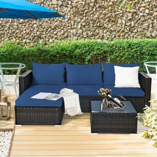 5PCS Patio Rattan Furniture Set Sectional Conversation Sofa w/ Coffee Table Red\ Navy image {11}