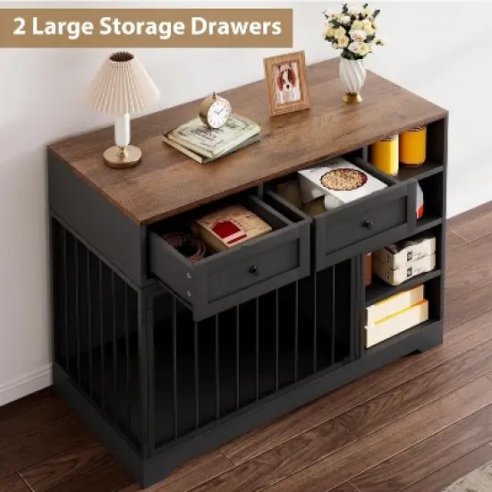 Dog Crate, Wooden Dog Kennel End Table with 2 Drawers and 4 Open Storage Shelves, Removable Bowls image {5}