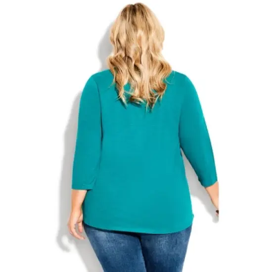 Women's Plus Size Notch Neck 3/4 Sleeve Plain Tee  - Jade | AVENUE image {1}