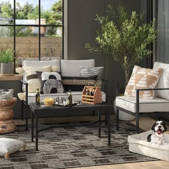 7'x10' Striped Checks Outdoor Rug Charcoal Gray - Threshold&trade; image {1}