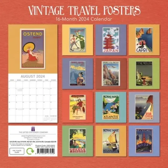 The Gifted Stationery 2024 Square Wall Calendar, Vintage Travel Posters, 16-Month Arts & Antiques Theme with 180 Reminder Stickers (12x12 In) image {3}