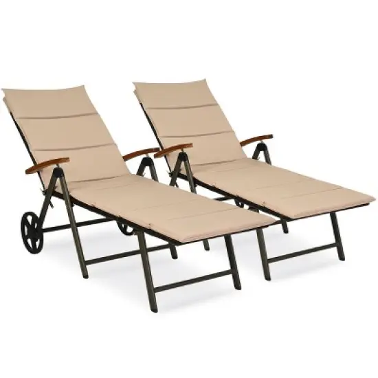 Tangkula 2PCS Folding Outdoor Rattan Chaise Lounge Chair Cushioned Recliner with Wheels& Cushions image {11}