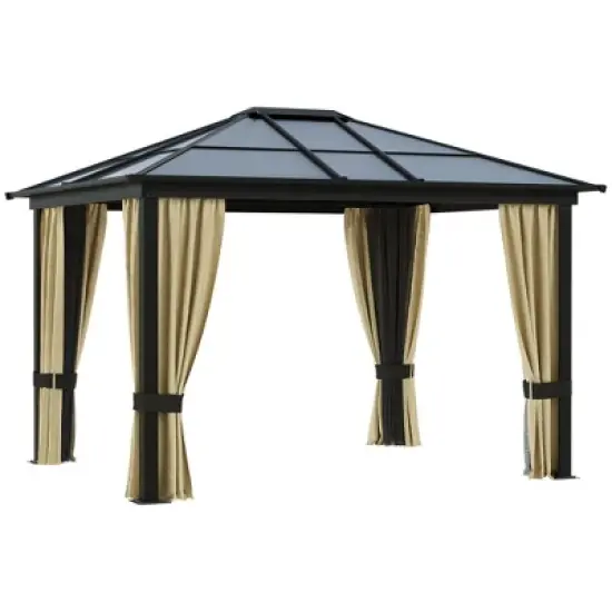 Outsunny 10x12 Polycarbonate Hardtop Gazebo, Gazebo Canopy with Aluminum Frame, Curtains and Netting for Garden, Patio, Backyard, Beige image {6}