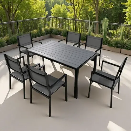 7-Piece Outdoor Patio Steel Dining Set with Rectangular Table and 6 Textile Armchairs image {15}