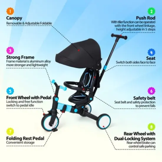 7-in-1 Baby Tricycle, Foldable Toddler Tricycle, Toddler Trike with Adjustable Parent Push Bar image {4}